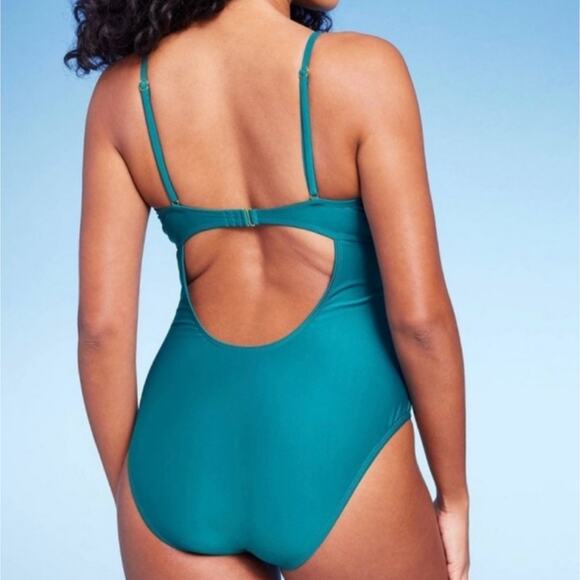 Shade & Shore‎ NWT Plunge Tie-Front Teal One Piece Swimsuit Size Small - Picture 4 of 9